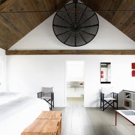 Connecticut Farmhouse, White Master Bedroom, Pitched Wood Ceiling