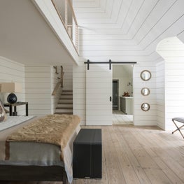 Playful teen bedroom with neutral furnishings & shiplap; Houston, TX