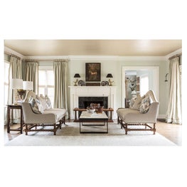 Traditional living room with lacquered denim ceiling and equestrian accents