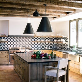 Kitchen, black and white tile, vintage beams