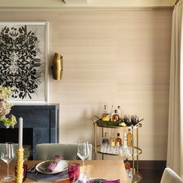 Carnegie Hill Apartment, Modern Dining Room, Gold Bar Cart, Blue Stone Fireplace