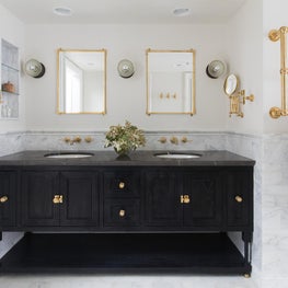 Master Bathroom Featuring Custom Flame-Blackened Vanity with Marble and Brass