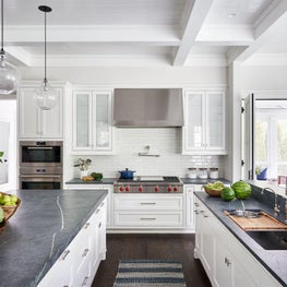 White Kitchen, Soapstone Countertops, Stainless Steel, Cisco Brothers Overhead Lighting, Miele Appliances, Dark Hardwood Floors - Coastal-Inspired Chicago Project
