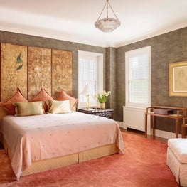 Rene Lalique pendant light & a customized wall treatment using Brochier fabric 