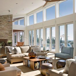 Hamptons Beach House Great Room, casual open plan, beach colored palette.