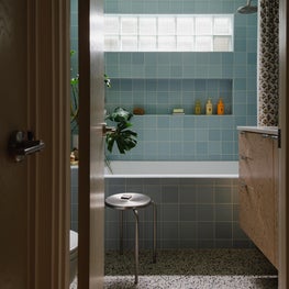 Eclectic Bathroom with Matte Handmade Ceramic Tile, A Custom Douglas Fir Vanity & Terrazzo Floor