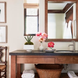 Malibu Spanish Colonial, Bathroom with Farmhouse Style Open Shelf Sink Vanity