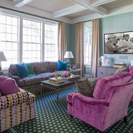 Family Room with Coffered Ceiling and Colorful Furniture