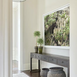 Hall, Hallway, Lincoln Schatz Photography, Custom Console, Neutral Palette, Restoration Hardware Stone Vessels