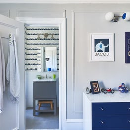 Kids room detail with blue and white modern furniture 