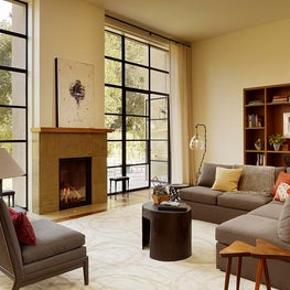 Silicon Valley, CA - Living Room: contemporary detailing, Odegard rug, bronze tables