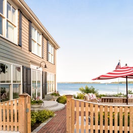 Front Facade with Patio and Water Views at Waites Landing Waterfront, Falmouth