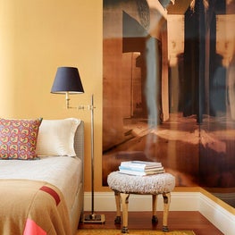 Silk wall treatment using Taffard fabric, Swedish sheepskin tuffit & Oushak rug