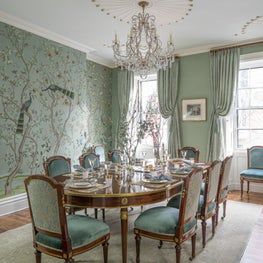 Beacon Hill Dining Room with Handpainted Silk Wallpaper and Louis XVI Table
