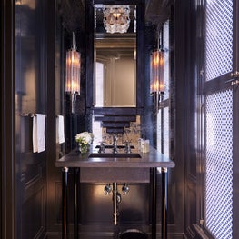 Masculine Powder Bath with Custom Polished Nickel Screens, Vintage Lighting