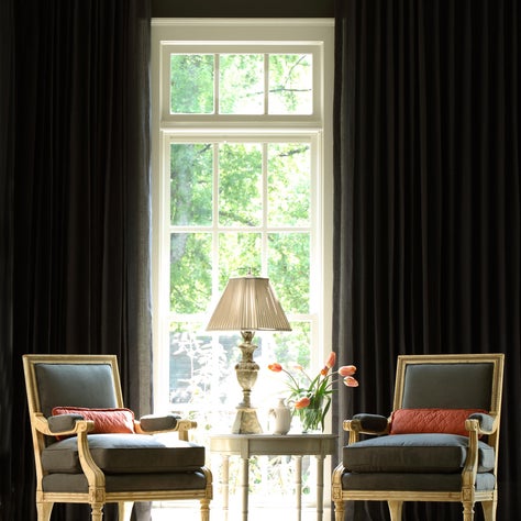 Marietta Residence Living Room with Charcoal walls and sheers
