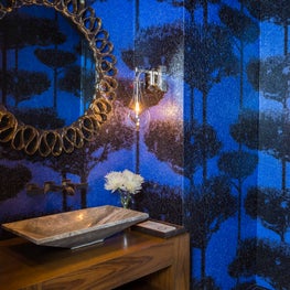 Portfolio: Dramatic powder room with bold statement wallpaper in contemporary home design