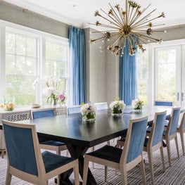 Fresh Dining Room,Blue Ultrasuede Chairs,Gray Wall Covering,Brass Sputnik Light