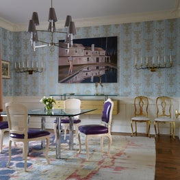 Greenwich Whimsy: Custom designed rug with vintage chairs in purple leather