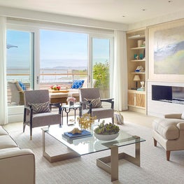 Hamptons / Sag Harbor Penthouse, Living Room with neutral palette & harbor view