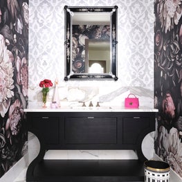 Fun and Fanciful Powder Room Renovation with Bold Floral Wallpaper and Marble Wall
