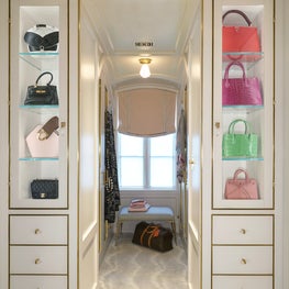 Purse Vestibule with Custom Backpainted Glass & Brass Cabinetry