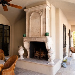 French Provincial Stone Mantel on Groin Vaulted Loggia with Limestone Pavers