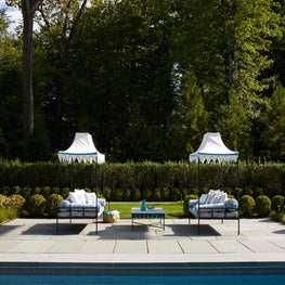 Short Hills Shingle Style Residence, Poolside Lounging, Canopy, Garden Hedges