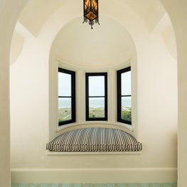 Powder Room Curved Bay Padded Window Seat with Aqua Blue Arabesque Tile Floor