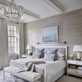 Master Bedroom, Phillip Jeffries Wallcovering, David Burdeny Art, Neutral Palette, Grey Bed, Chandelier, Bench - Lincoln Park Greystone Project