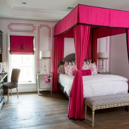 Paris inspired girls bedroom with canopy bed and hand painted walls