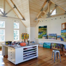 Three Barn Farm Studio. Artist studio with natural wood vaulted ceilings.
