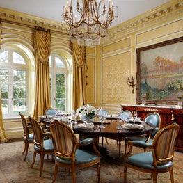 Silk wall inserts and marbleized Georgian wall paneling - Classical Dining Room