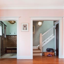 Transitional Living Room with Pink walls