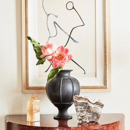 Malibu Spanish Colonial, Vignette; Modern Art, Walnut Commode & Accessories