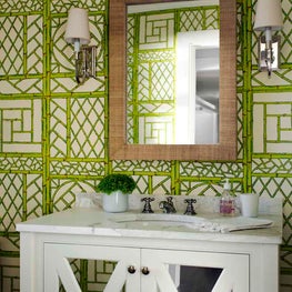 Coastal Powder Room Vanity with Wallpaper
