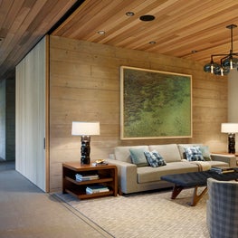 Tahoe Marvel, TV room with board form concrete walls and a sliding pocket door.
