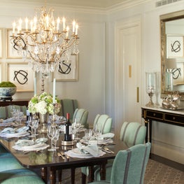 Aqua and grey dining room with abstract art series