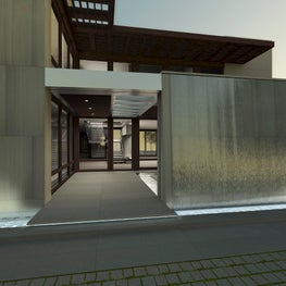 Modern Waterfront Southampton Home - Entry with Water Feature