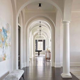 Hallway, Neutral Pallette, Wall Art, Bench, Lisa Ridgers Abstract Art, Anne Loucks Gallery, Hardwood Floors, Arches