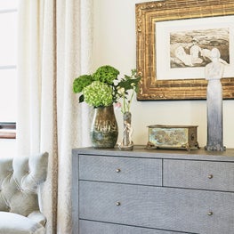 Malibu Spanish Colonial, Bedroom Vignette Linen Wrapped Chest & Deco Accessories