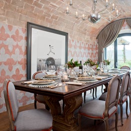Elegant dining made simple. Rich, detailed dark wood touches mixed with pastels