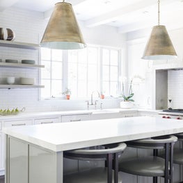 Modern Kitchen, White Farmhouse Sink, Gray Painted Island, White Subway Tile