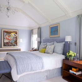 Transitional Bedroom, Vaulted Ceiling & Beams, Lavender Blue, Glass Chandelier