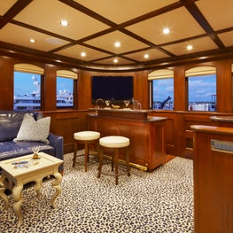 Palm Beach Yacht with Bar, Animal Print, Blue Leather, Wood Panel, Barstools