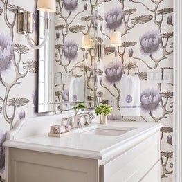 Guest Bedroom Bath Vanity with Wallpapered Walls