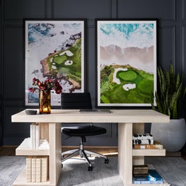 Drawing inspiration from our client's love of the ocean, we integrated shades of blue and natural materials into this home study.