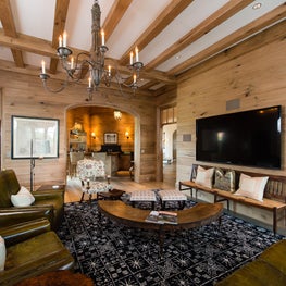 Family and TV Room with Natural Butternut Boards, Beams and Wet Bar