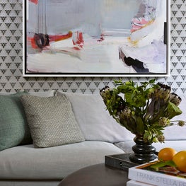 Carnegie Hill Apartment, Living Room, Geometric Wallpaper & Modern Art 