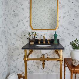 Black & White Powder Room Detail with Modern Floral Wallpaper & Brass
